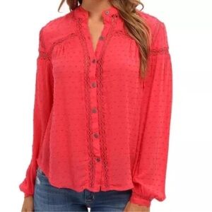 Free People Everyday Girl Swiss Dot Embroidered Button Down Shirt Red Small